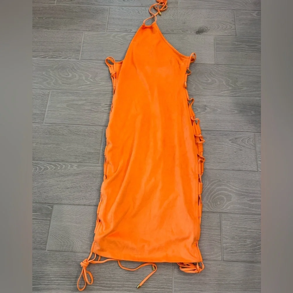 HOUSE OF CB Zabana Neon Orange Sexy Cut Out Lace Up Suedette Dress Large GUC